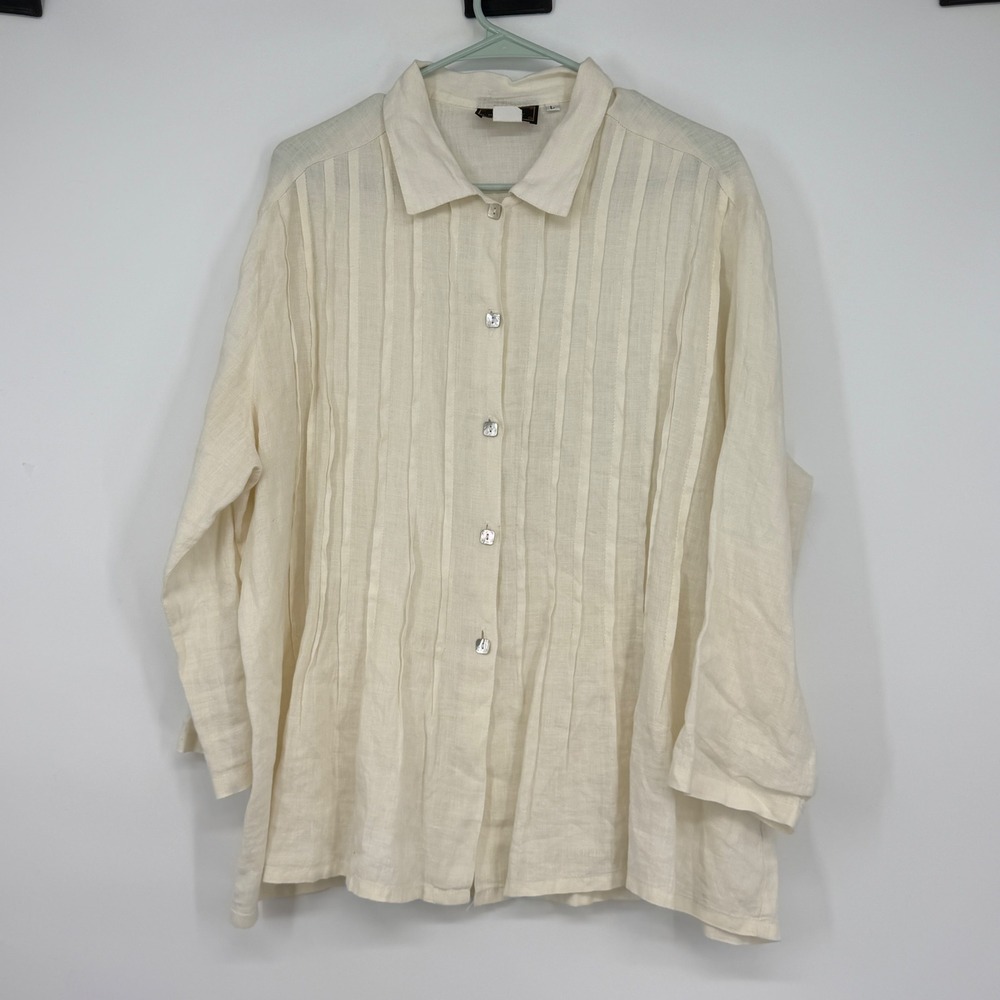 Vintage USA 100% Linen Pintuck Button Up Shirt Cream Large Made in USA